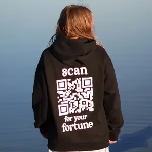 Scan for Your Fortune Hoodie - Isle of View - Black Cotton Polyester Hoodie with QR Code Print for Fortune Protection