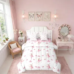 Girls Pink Ballerina 7 Pieces Bedding Set,Coquette Ballet Princess Bed in A Bag for Kids Women,Girly Aesthetic Trendy Butterfly Comforter Set with Sheets,Pink Castle Bed Sets