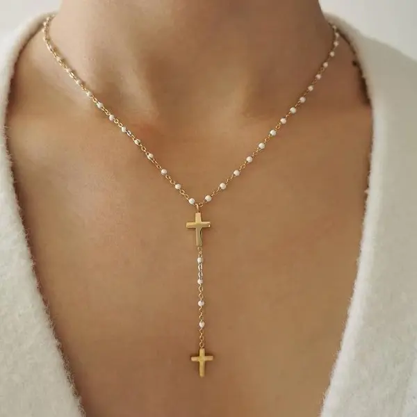 Women's Gold Cross Lariat Necklace - Dainty Boho Y-Chain, Cross Chain Design, Adjustable Religious Layering Jewelry, Valentine's Day Gift, Dainty Layering Jewelry, Gift With Jewelry Bag