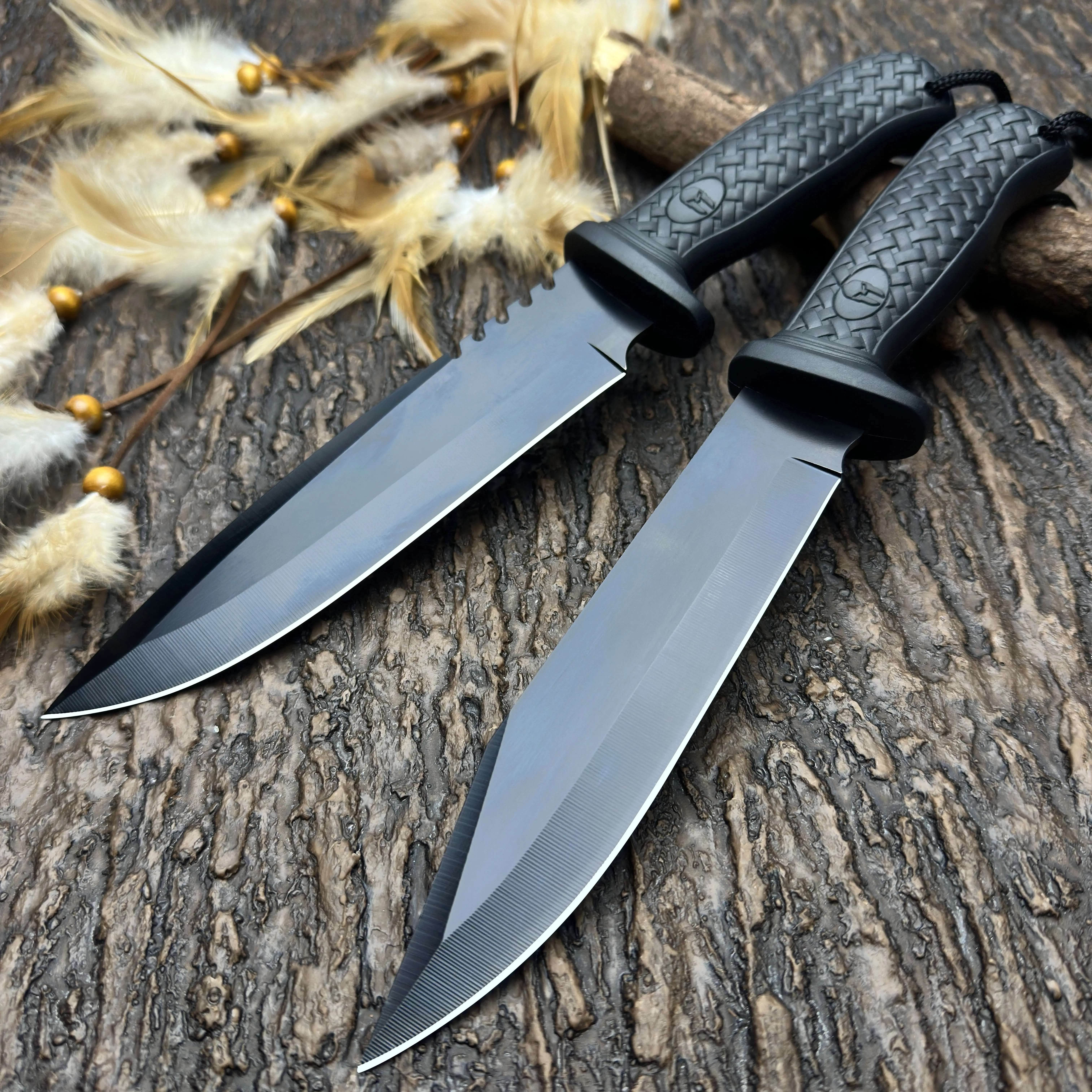 Rustproof Black Coated Stainless Steel Dual-Style Full Tang Kitchen Knife - Woven Ergonomic Non-Slip Handle, Kitchenware Cooking Knife for Household Cutting & Culinary Prep