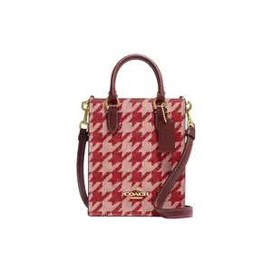 COACH Mini Tote Bag with Gold Logo and Check Print for Women in Red