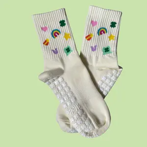 IN MY LUCKY ERA cream grip sock with white four leaf clover grips for pilates, lagree, yoga or barre