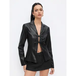 Cider Faux Leather Collar Bell Sleeve Tie Front Bow Jacket