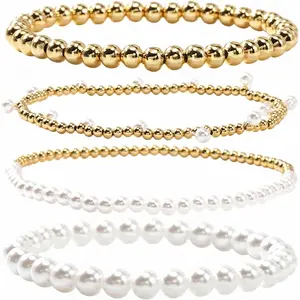 Gold Plated Beaded Pearl Bracelet Stack for Women,Dainty Stretch Gold Non Tarnish Stackable Bracelets Fashion Prom Party Accessories Jewelry Gift Friendship