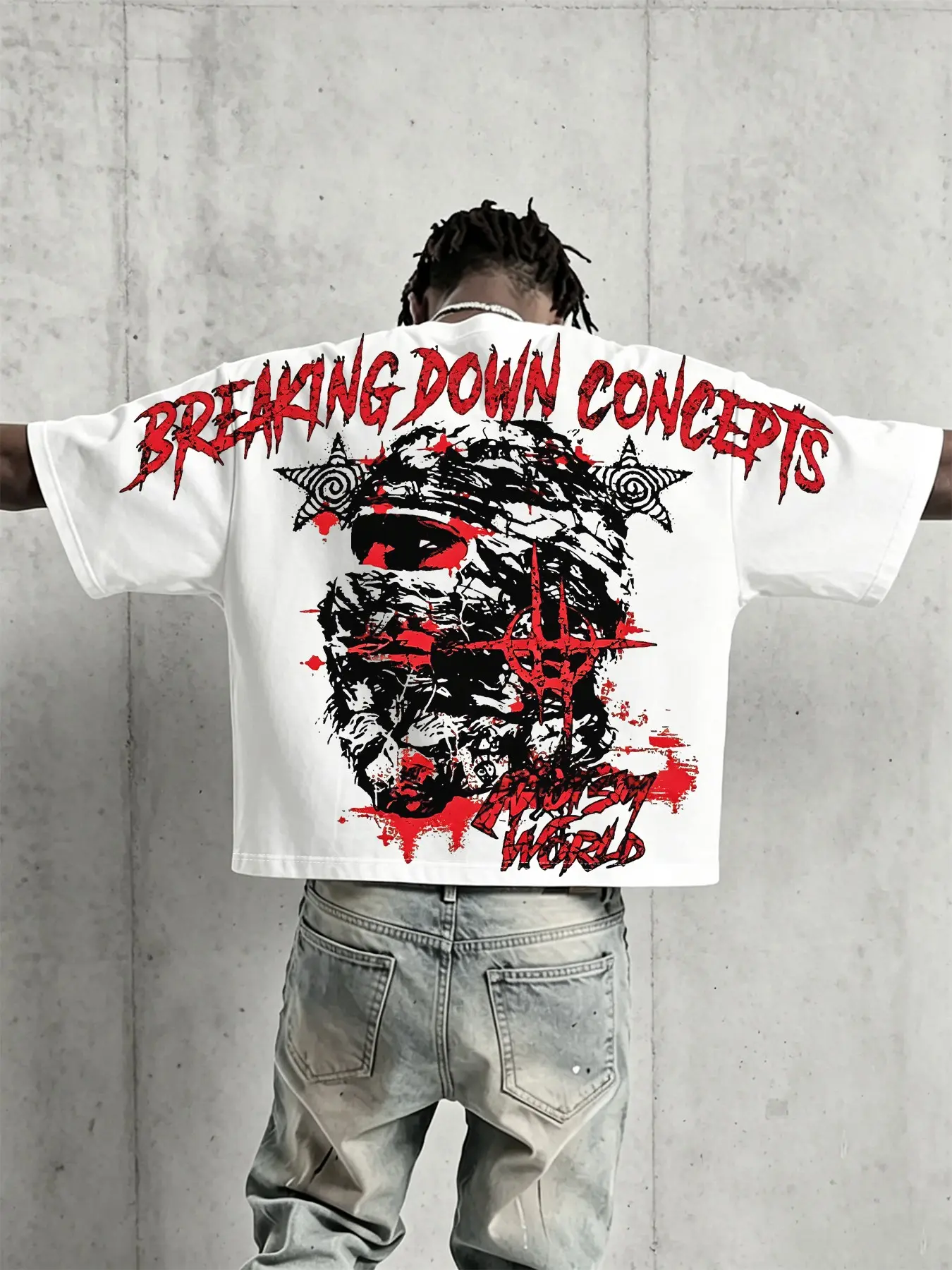 Summer 2026 Trending Men's Short-Sleeve T-Shirt: Dark Punk Style with Graffiti Print (Unisex/Y2K). Features red and black graffiti, thorn, and pentagram graphics, plus a bandage-style masked figure print; loose, cropped streetwear fit.