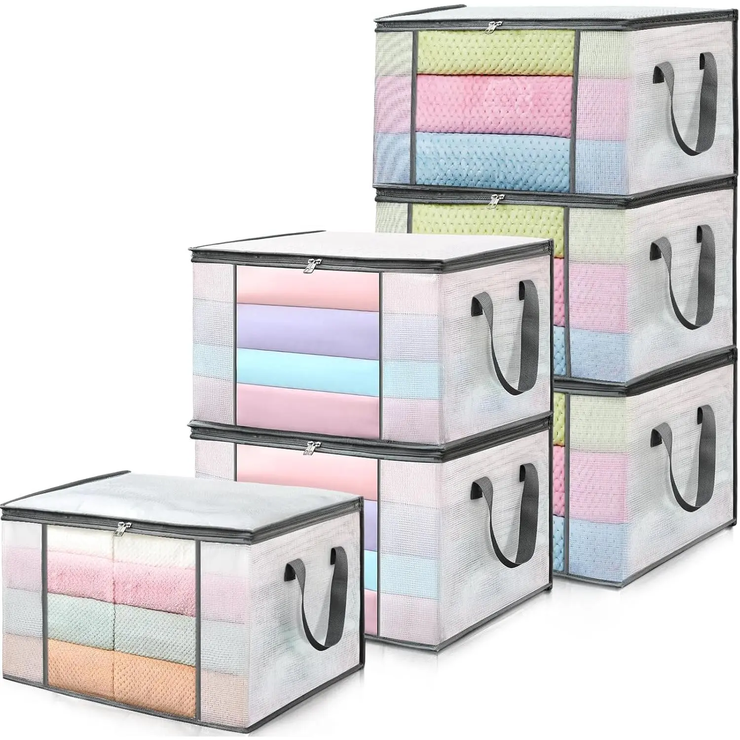 6-Pack Clothes Storage Bags, Plastic Foldable Blanket Storage bins, Closet Organizer Container for Bedroom, Bedding, Comforters, Pillows, and Clothing - 60L with Handles