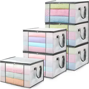 6-Pack Clothes Storage Bags, Plastic Foldable Blanket Storage bins, Closet Organizer Container for Bedroom, Bedding, Comforters, Pillows, and Clothing - 60L with Handles