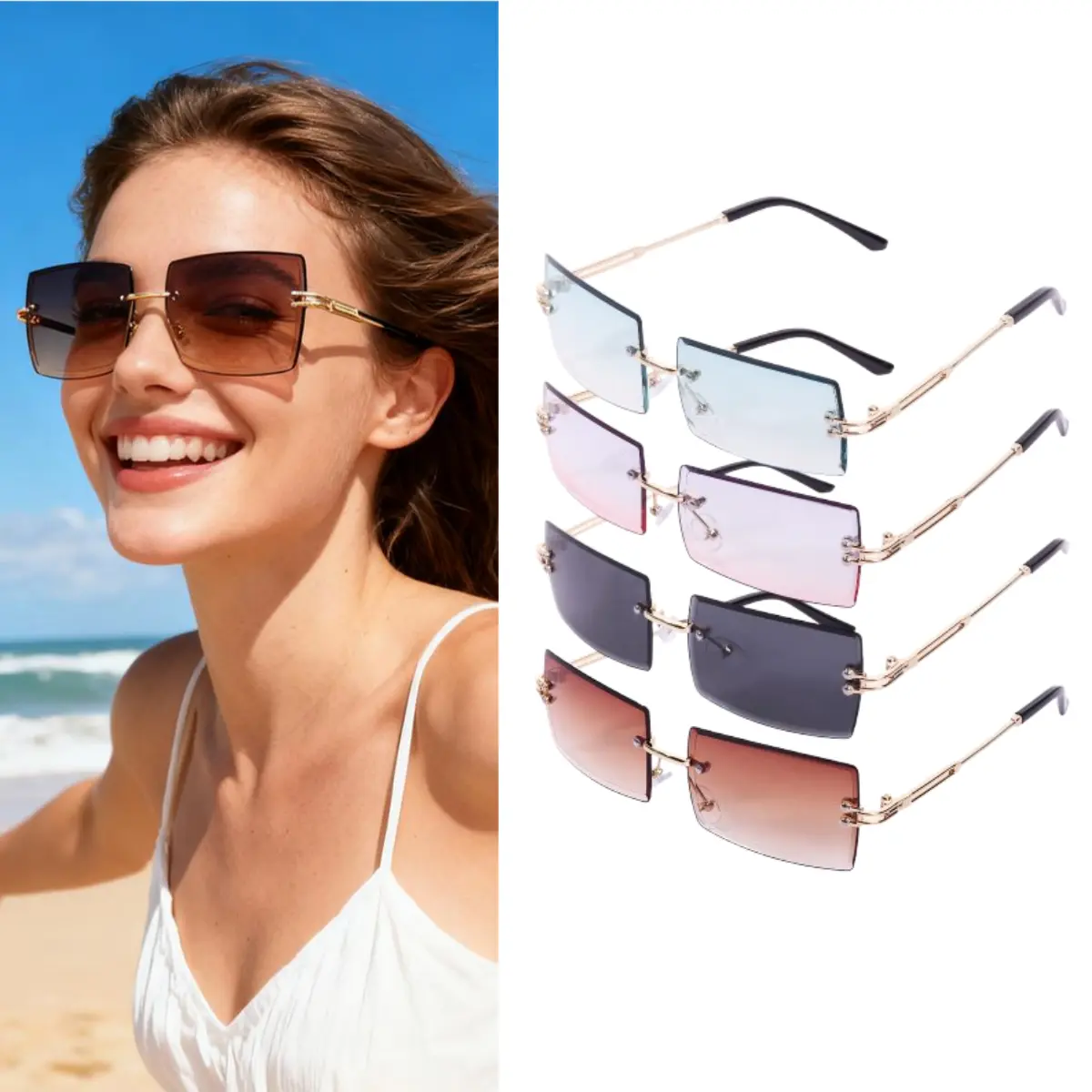 4 Pairs Unisex Rimless Rectangle Sunglasses, Vintage Metal Frame Eyewear with Candy Colored Lenses for Driving, Set