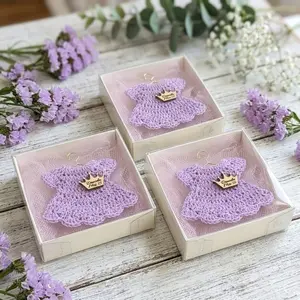 12pc Personalized Lilac Mini Crochet Dress Favors | Quinceañera Mis 15, Baby Shower, Birthday Keepsake Box Set
