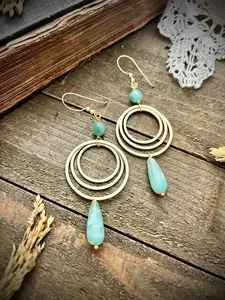 Gold Triple Hoop Green Larimar Earrings