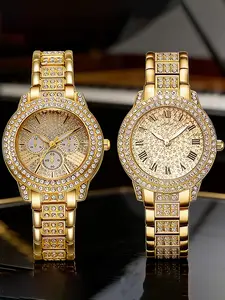 Two combination analog watch sets, ladies' elegant round dial and luxurious gold clock watch, exquisite casual watch, special gift for ladies