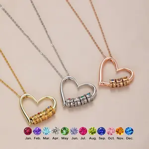 N2135 For Mother's Day Best Gift To Make Mom Cry Personalized Custom Engraving Name Hollow Love Beaded Pendant Stainless Steel DIY Birthstone Necklace Gift for Men and Women