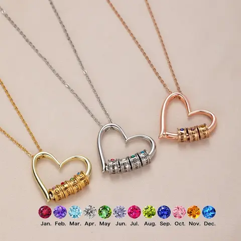N2135 For Mother's Day Best Gift To Make Mom Cry Personalized Custom Engraving Name Hollow Love Beaded Pendant Stainless Steel DIY Birthstone Necklace Gift for Men and Women