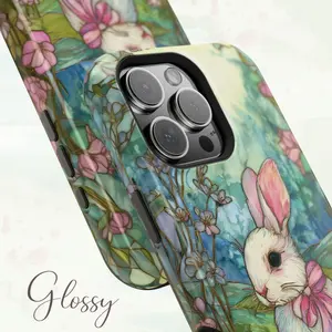 Easter Bunny MagSafe compatible phone case, rabbit pink bow faux stained glass phone case, spring wildflower phone case, compatible with iPhone 17/16/15/14/13/12/11, suitable as a holiday gift for friends, family, and yourself