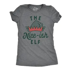 Womens The Nice Ish Elf T Shirt Funny Good Behavior Xmas Elves Joke Tee for Ladies Funny Womens T Shirts Cute Vintage Fashion Casual Ladies T-Shirt Gift Christmas Tops for Women Funny Sarcastic Top Women's Dark Grey