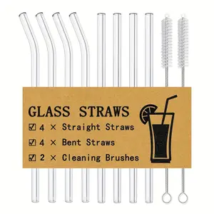 Clear Glass Straw Set, Including 4 Counts Straight Straw & 4 Counts Curved Straw & 2 Counts Cleaning Brush, Reusable Drinking Supplies for Home Office