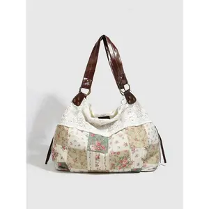 2026 New Retro Floral Plaid Underarm Bag, featuring delicate lace splicing design. Large capacity and elegant, lightweight shoulder bag perfect for vacation, shopping and daily gatherings.