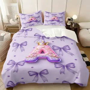 Princess Style Printed Comforter Set, Including Comforter Set and 1/2 Coreless Pillowcase, Three-Dimensional Letters Deep Purple Bow Bedding Set, Soft and Comfortable, Suitable For All Seasons