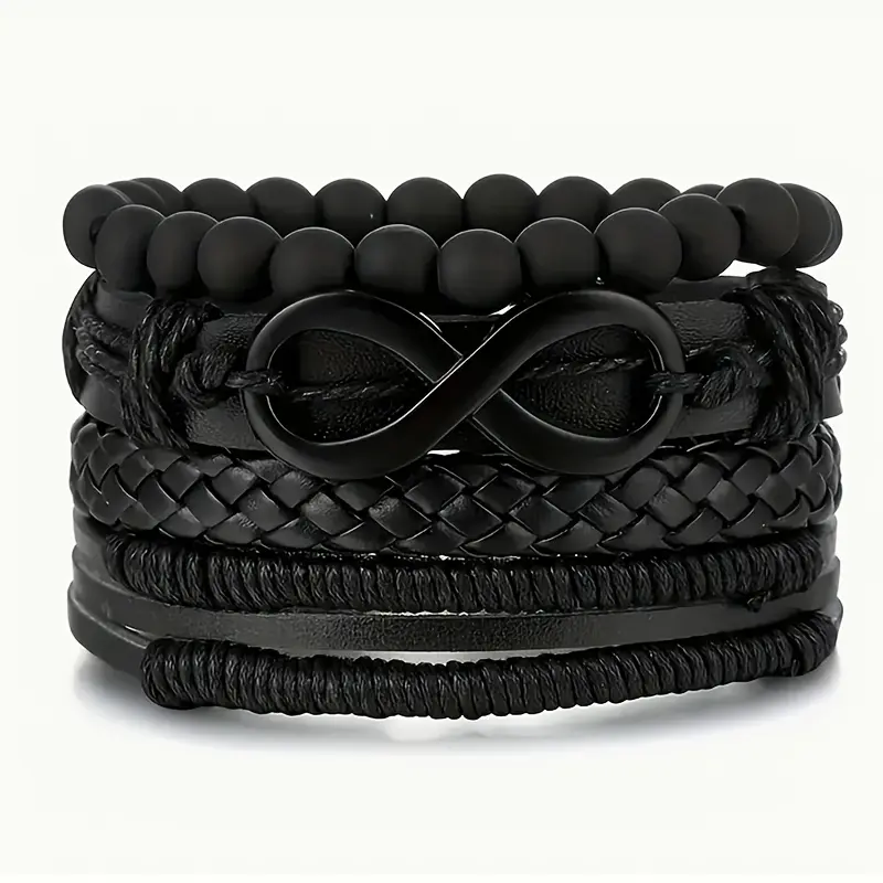 Men's Fashion Retro Beaded Bracelet, Leather Bangle Multi-layer Bracelet