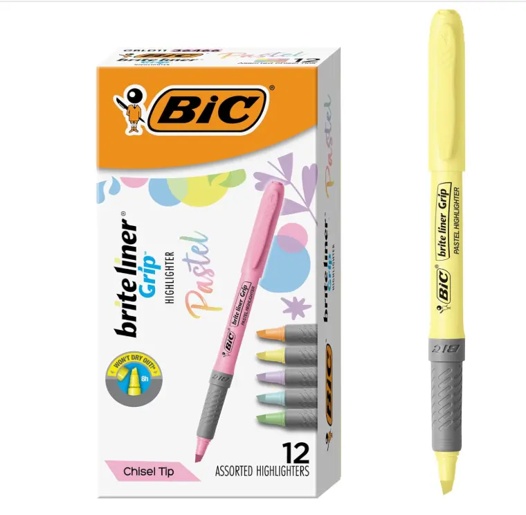 BIC Brite Liner Grip Pastel Highlighter Set, Chisel Tip, School Supplies for Students and Teachers, 12-Count Pack in Pastel Assorted Colors