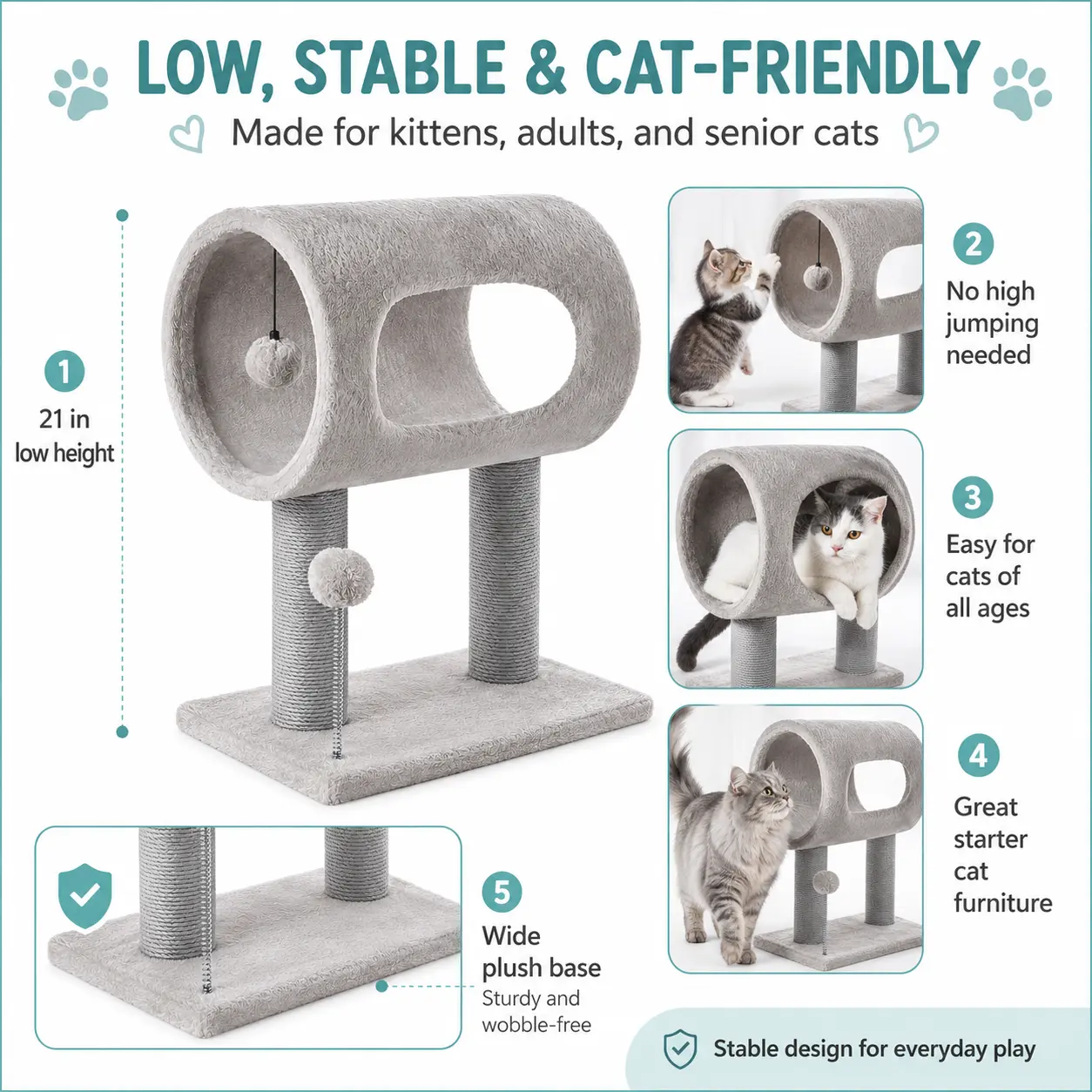 20.5in Gray Indoor   Tower - Pet  Furniture with Hanging Ball, Tunnel Bed, and Scratching Post multi-level modern  Scratching Post with Ball Christmas Themed   ceiling large  Sloped Sisal  Scratcher Ramp wooden Leather Cat Scratch Protector tall 2-3 wall