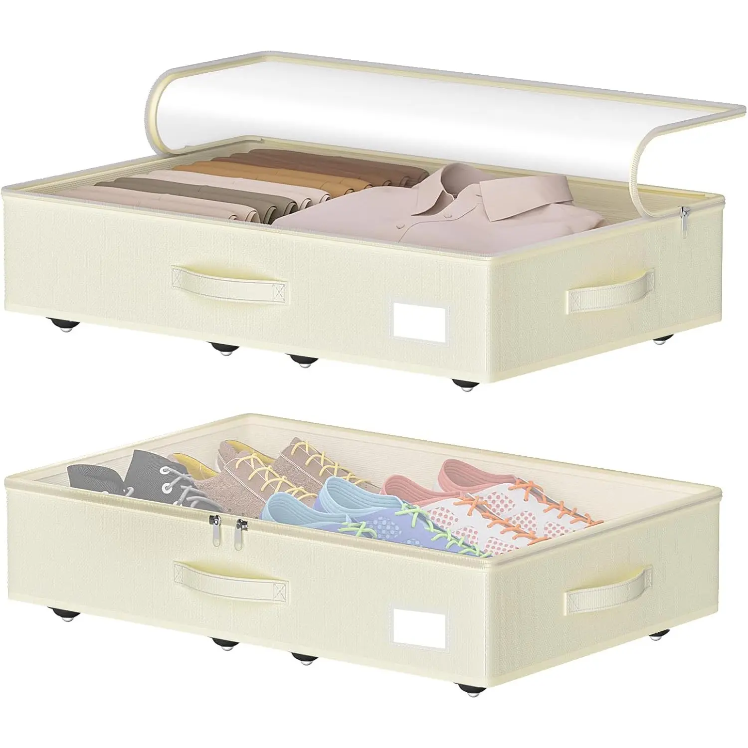 Under Bed Storage with Wheels, No Assemble Required 5.5 inches height beige under bed storage bins,Low Profile Rolling Under bed Shoe Storage containers,dorm under bed storage drawers