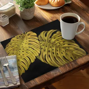 360 Stand Set of 4 Rectangular Monstera Leaf Tropical Placemats - 14x18 in Gold Polyester Kitchen Accent Tableware, Stylish