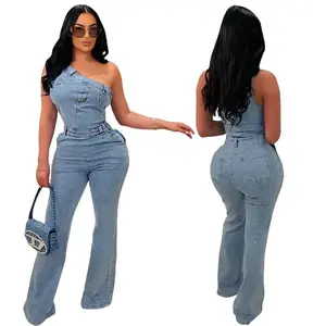 NewFlare Denim Pants Full Length Women Jeans One Piece Overalls Spliced Solid Jumpsuits Loose Pockets High Waist Basics Washed Tops Fit Casual Womenswear