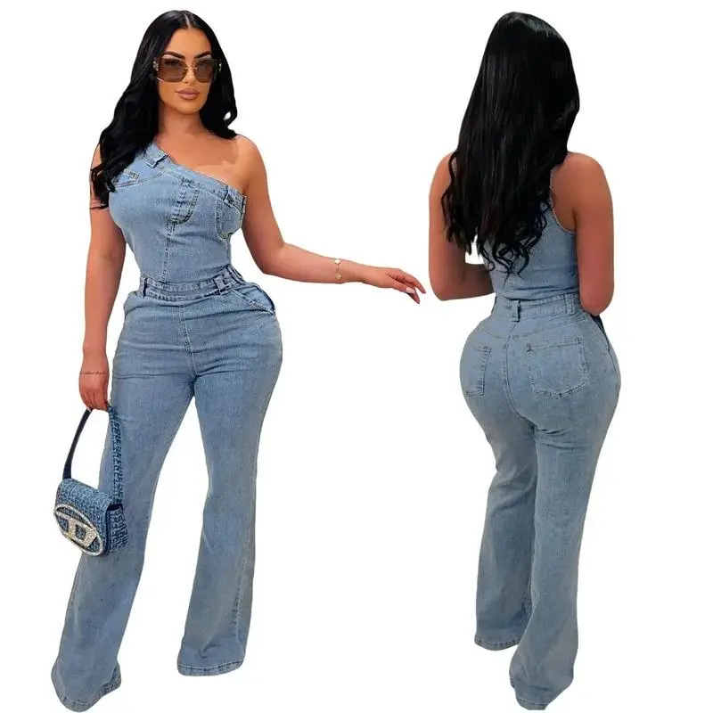 NewFlare Denim Pants Full Length Women Jeans One Piece Overalls Spliced Solid Jumpsuits Loose Pockets High Waist Basics Washed Tops Fit Casual Womenswear