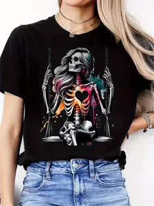 Women's Plus Size Graphic T-Shirt - Vibrant Skull & Heart Design, Soft Lightweight Summer Casual Tee, Round Neck Short Sleeve Top with Geometric Patterns, Machine Washable, Artistic Casual Wear |   Casual Round Neck |   Soft Plussize Apparel
