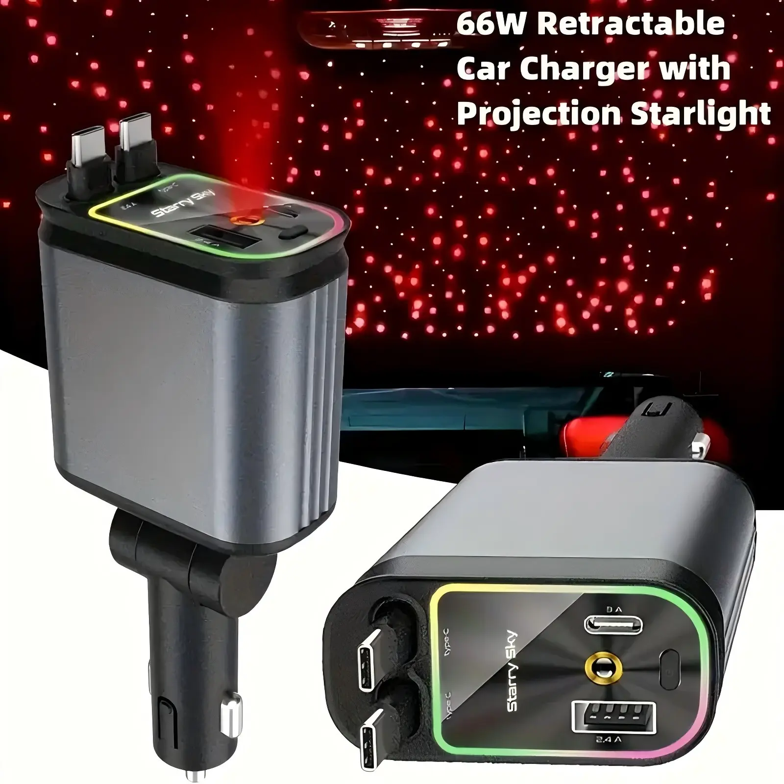 66W Universal Car Charger - 4-in-1 Extendable Dual Cable, Dual USB-C PD Ports, Starlight Night Light Projector, Wireless Carplay Dongle Connectivity, Fast Charging Solution for iPhone 15/14/13/12/11 Pro Max, Galaxy S23, Pixel (Father's Day Gift), Wireless