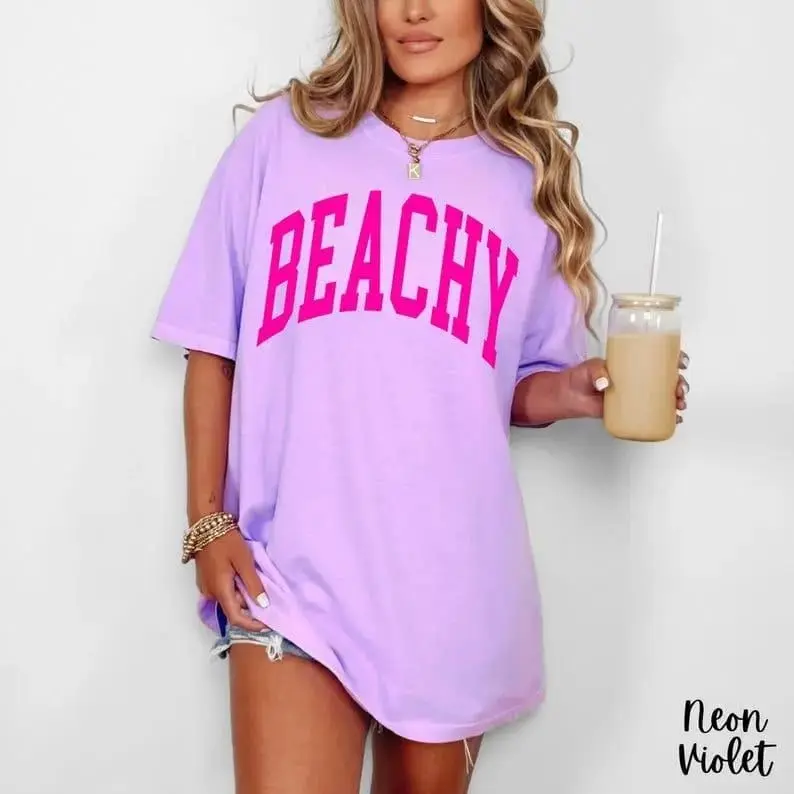 Comfort Colors Beachy Sunkissed Tshirt, Neon Summer Vacation Graphic Tee, Trendy Oversized Preppy Shirt for Women - AL