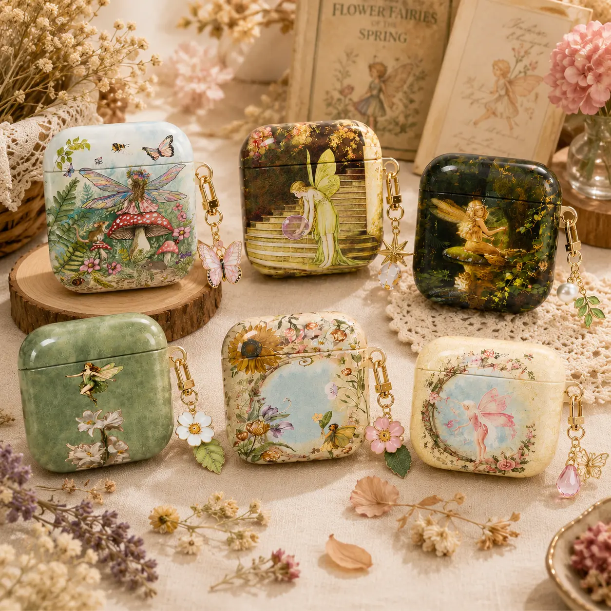 NO KEYCHAIN Fairy Cottagecore AirPods Gen 1 2 3 4 Pro Case, Enchanted Forest Case, Vintage Fairy Garden Protective Cover, Glossy Case Gift