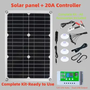 20W 12VSolar Panel Kit with 20A PWM Charge Controller, Complete Monocrystalline Solar Charger Set with Dual USB, 10-in-1 Charging Cable for RV Camping Boat Home Solar Power System