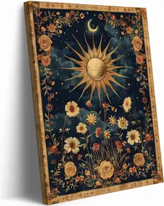 Sun and Moon Celestial Canvas Wall Art Tarot Crescent Moon Wall Decor Pictures Gothic Wildflowers Painting Posters Prints Aesthetic Dark Academia Vibe Artwork for Bedroom Home Decor Framed