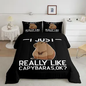 Funny Capybaras Comforter Set,Cute Capybara Bedding Set for Kids Girls Women,Adults Wild Animals Comforter,Black and White Quilted Duvet Set,Bedroom Collection