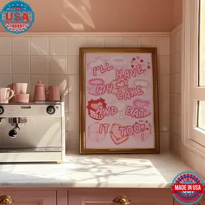 Cute Girly Kitchen Decor: Retro Pink Red Quote Cake Poster, Coquette Art Trendy for Apartment, Kitsch Dopamine Wall Art Download