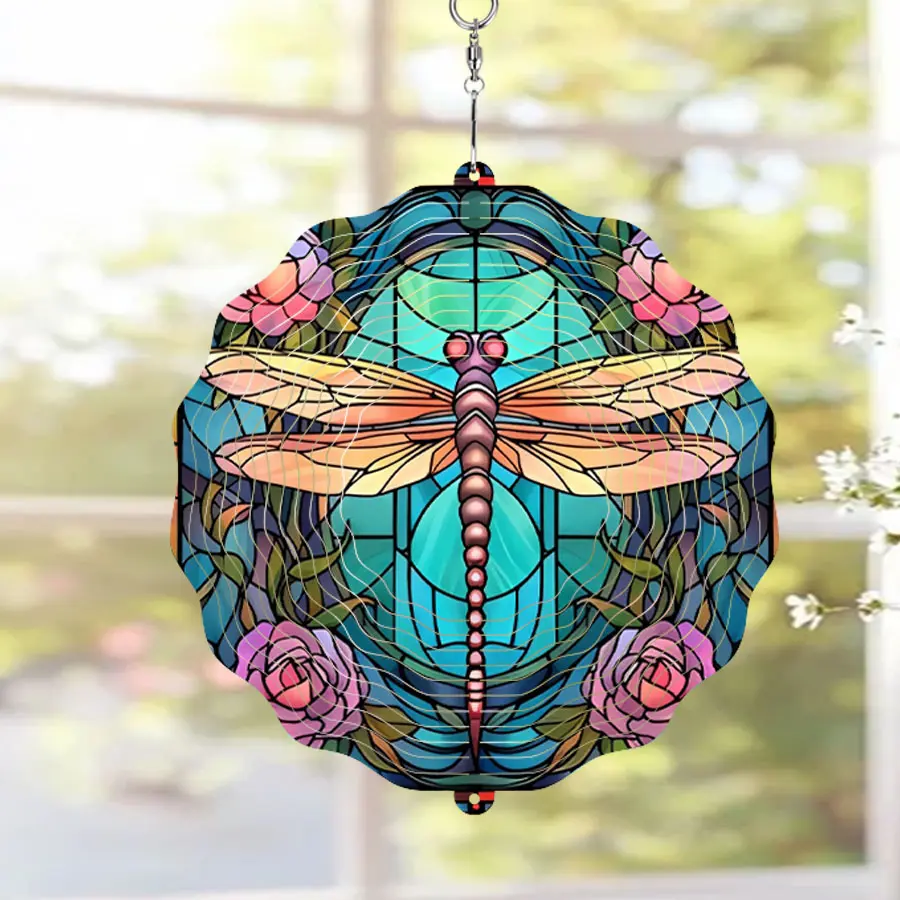1pc 8in/12in Dragonfly Pattern 3d Stainless Steel Rotating Wind Chime, Dragonfly Decoration Windchimes, Suitable For Home & Outdoor Decor, Ideal Gift