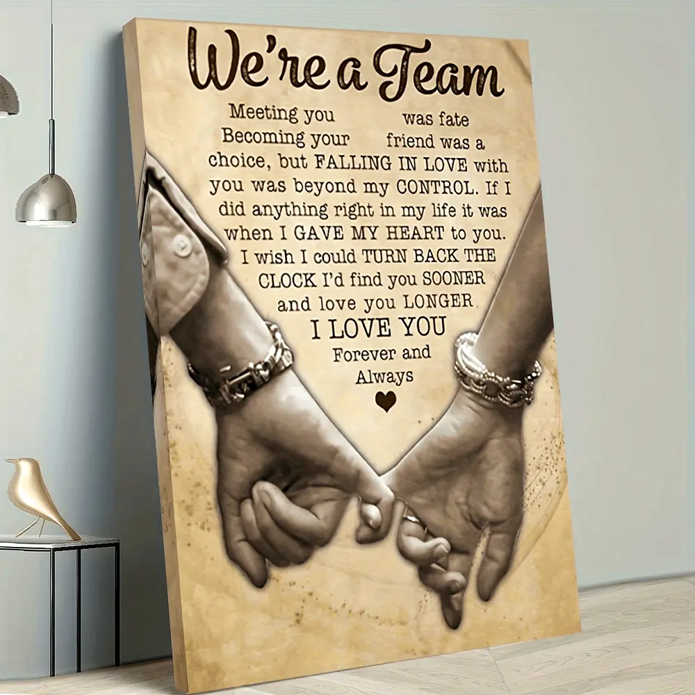 Artistic Wood Plaid Modern Framed Canvas Print Artwork, 11.8x15.7in Home Aesthetic Decor, Valentine's Day Gift for Couples, Living Room & Bedroom Decor (Theme: "We Are A Team Meeting You Is Destiny"), Trend, Back To School