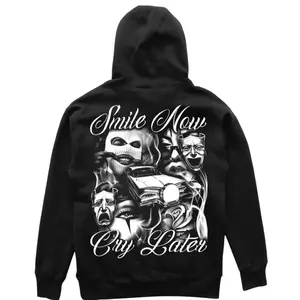 Smile Now Cry Later Back-Sided Print Hoodie, Chicano Style Cholo Graphic Long Sleeve Pullover, Men and Women Casual Streetwear