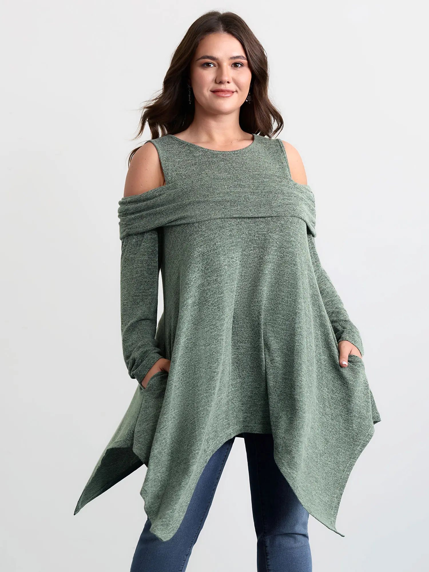 BloomChic Women's Shirts, Leisure Off-Shoulder Pleated Tunic in Butter-Soft High Stretch Spandex Fabric, Garment