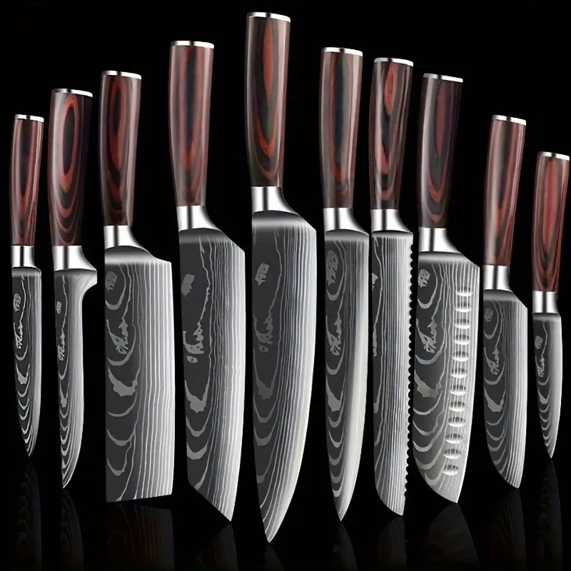 7-Piece/5-Piece/3-Piece Damascus Patterned Kitchen Knives Set, High-Hardness Stainless Steel Cooking Knives, Ultra-Sharp with Anti-Slip Handles, Ideal for Kitchen Prep & Outdoor Camping, Holiday Gift Option, 7-Piece Set, Knives Set For Kitchen