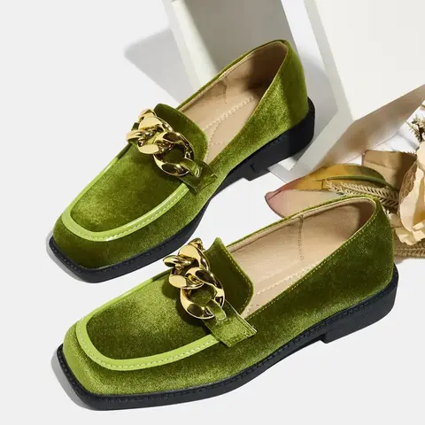 Women's Fashion Fall New Velvet Square Toe Loafers, Thick Sole Chain Decoration, Comfortable Slip-On Shoes, Retro Style Footwear