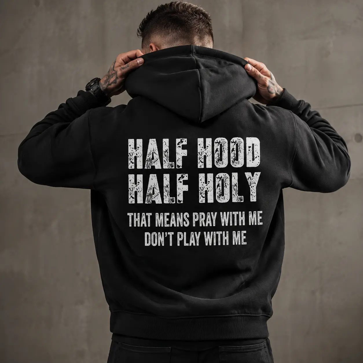 Men's Half Hood Half Holy Graphic Hoodie - Christian Clothing, Faith-Inspired Long Sleeve Pullover, Classic Casual Back-Print Streetwear Sweatshirt