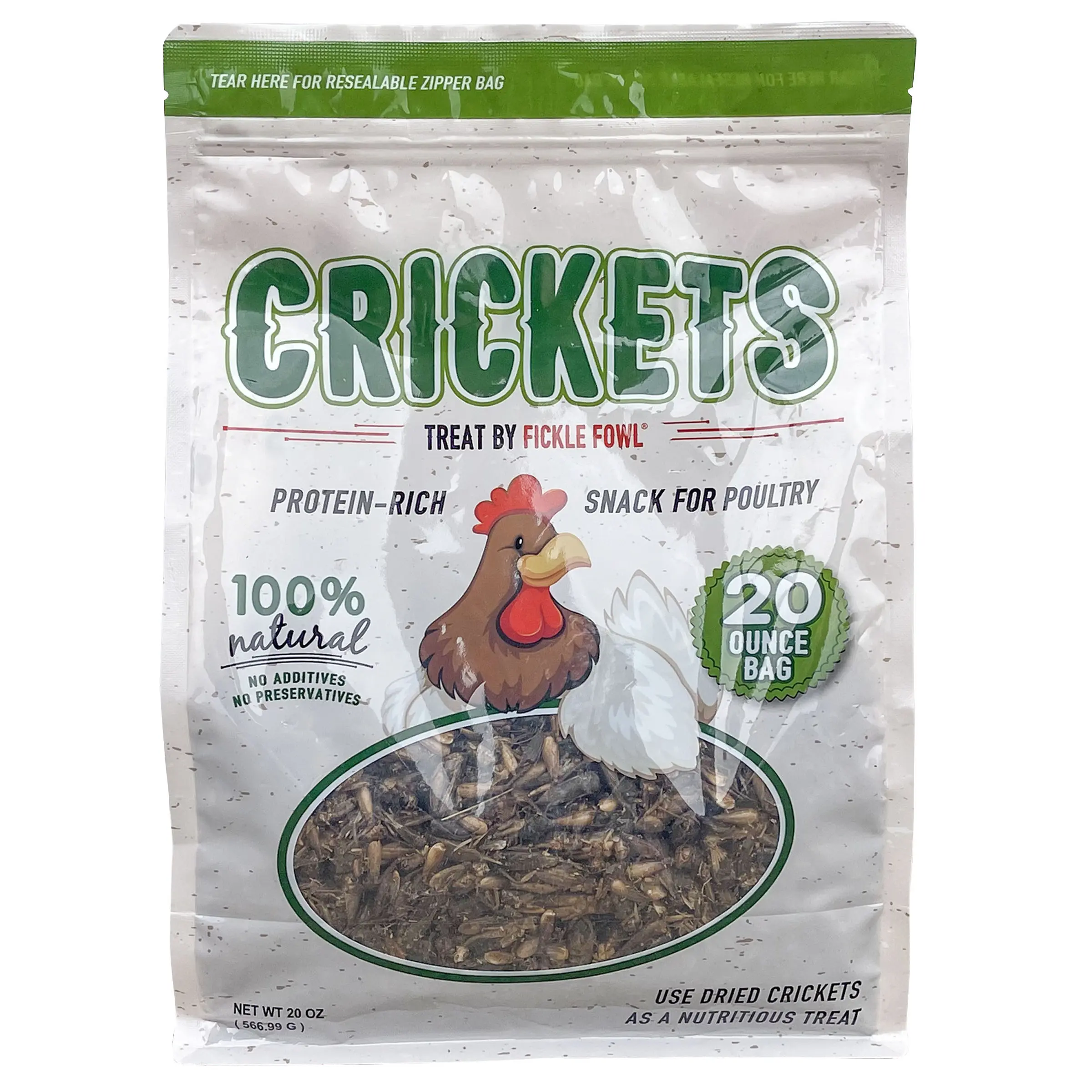 Fickle Fowl 20 oz. Protein-Rich Dried Crickets Dry Food for Farm Animals, Ducks & Geese Feeding