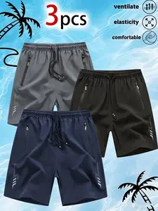 3-Pack Men’s Quick-Dry Athletic Shorts – Summer Elastic Waist Breathable Running Shorts with Zipper Pockets