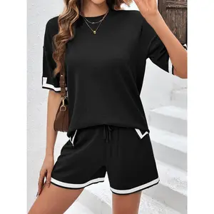 Women's Plus Size Casual Knit Lounge Set - Short Sleeve Crew Neck Top with Chest Pocket & Drawstring Wide-Leg Shorts, Soft Rayon Blend, Machine Washable