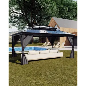 Hardtop Gazebo 12'x16' for All Weather, Double Polycarbonate Sheets Roof, Aluminum Alloy Frame, Net, and Curtain, Permanent Building for Patio, Deck, Backyard, Lawn, and Garden