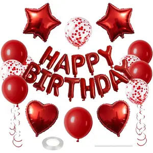 29 Pcs Red Birthday Decorations, 3D Foil Red Happy Birthday Balloon Banner, Pentagram Heart Foil Balloons Confetti Balloons Kit For Boys Girls Birthday Party Supplies
