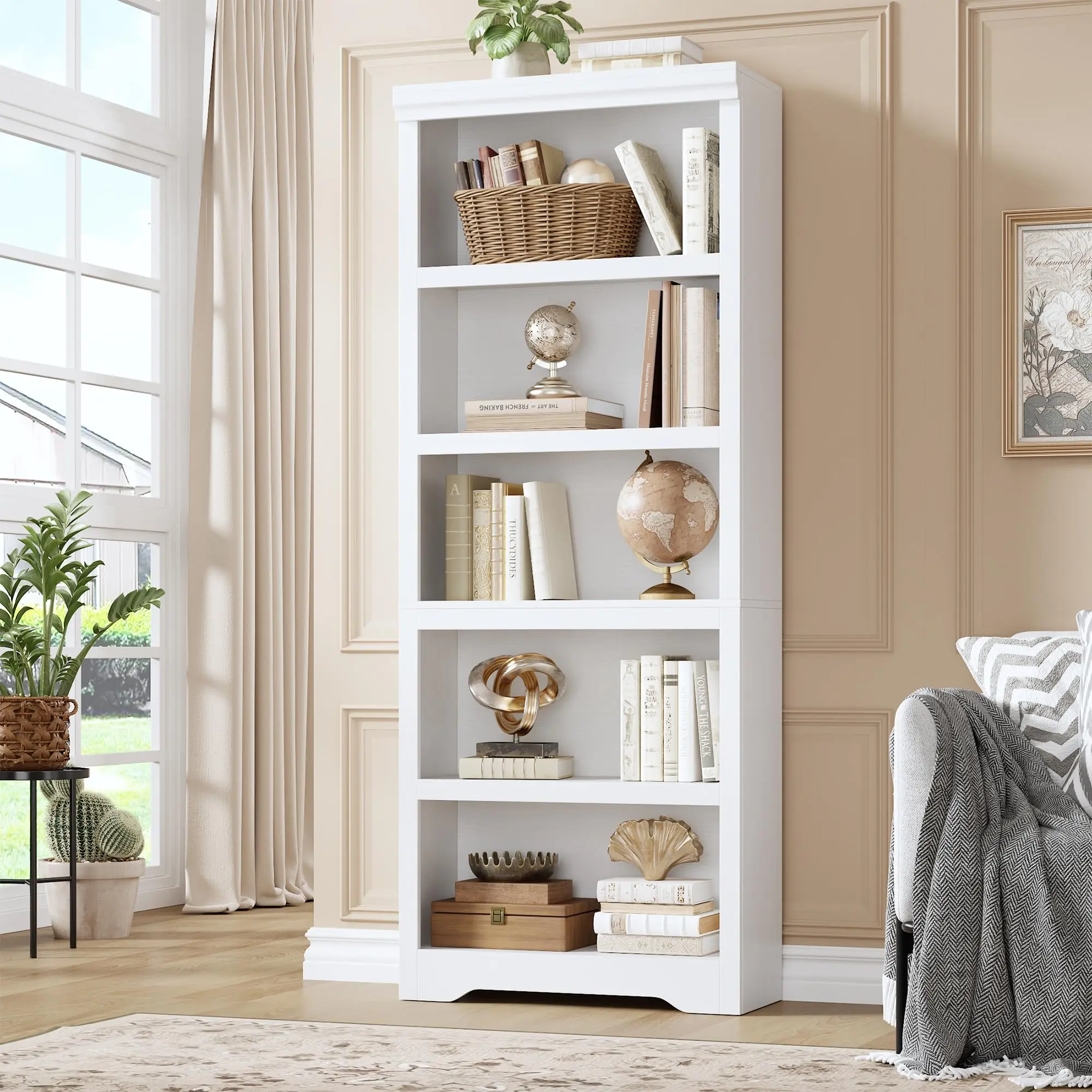 5-Tier Bookshelf, 175cm High, Rustic Style, with Adjustable Shelves, Freestanding Open Bookshelf with Anti-Slip Design for Home Office, Balcony, Library, Study/Living Room, White.